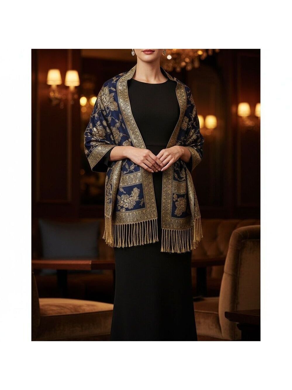 Blue Gold Paisley Jacquard Scarf Shawl Fringe Boho Wrap Women 72x28 - Picture 6 of 9